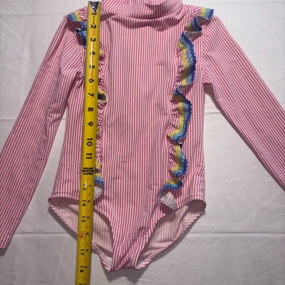 Mini Boden Seersucker Long Sleeve Ric Rac Ruffle Rashguard Swimsuit Size 6-7Y - Picture 4 of 8